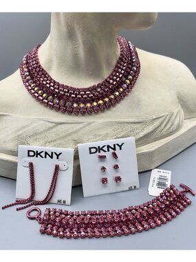 New DKNY Pink Rhinestones 6 Strand Collar Necklace & Bracelet Plus Earrings